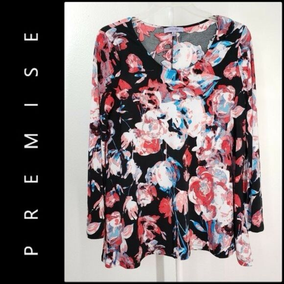 Premise Long Sleeve Tunic Blouse Black/Pink Floral Roomy Fit Size Medium (LG) - Picture 3 of 6